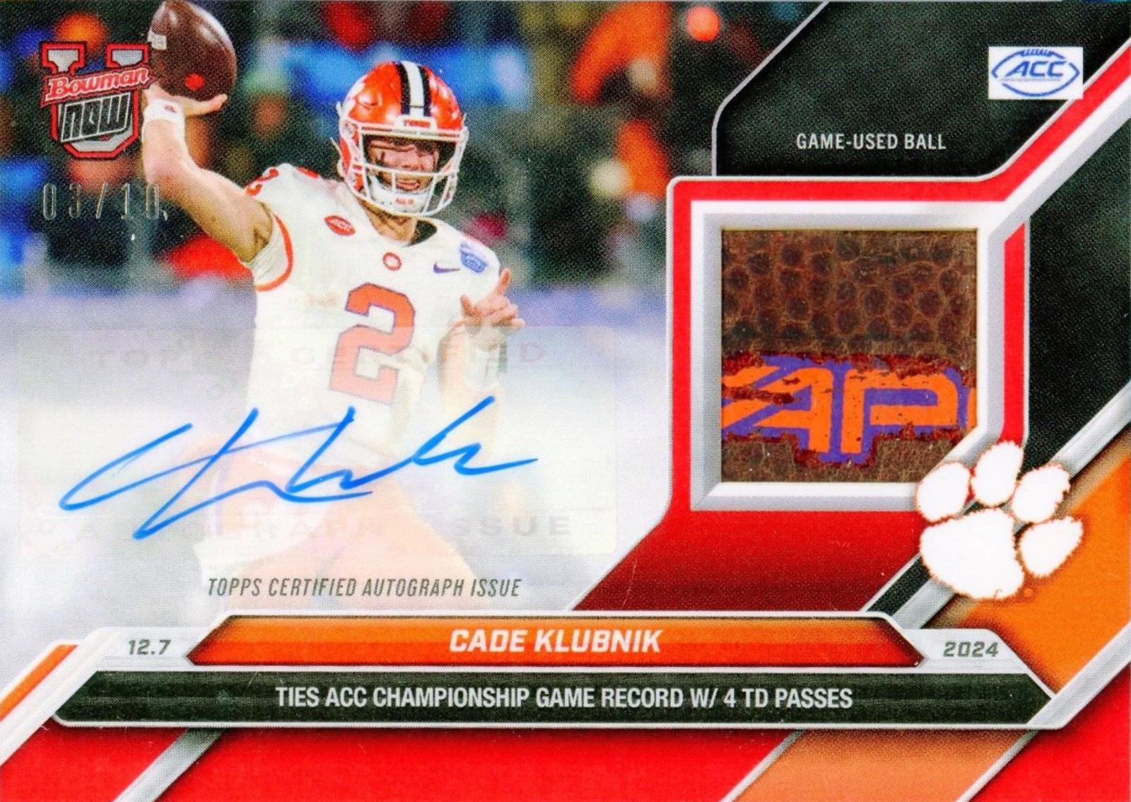 Cade Klubnik #57C 2024 Bowman U Now Autograph Relic Football