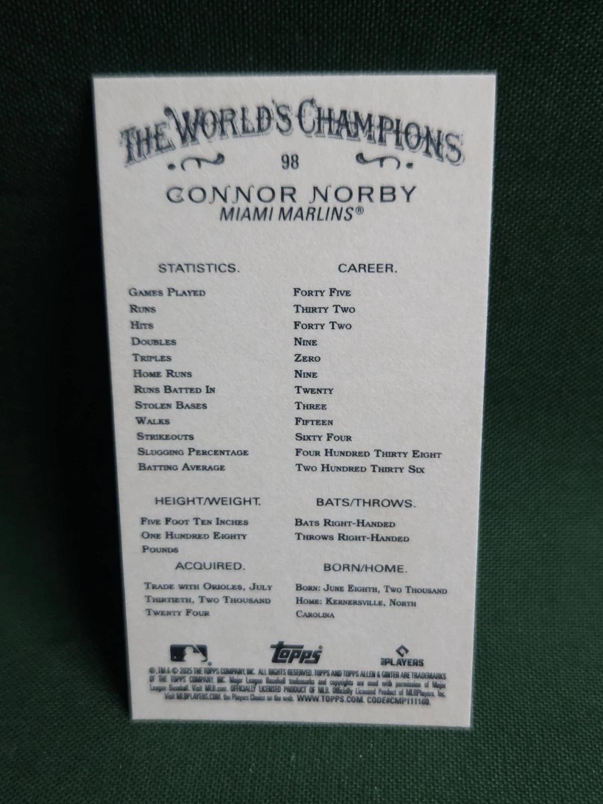 Connor Norby [Mini] #98 Prices [Rookie] | 2025 Topps Allen and Ginter ...