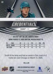 Back Of Card | Will Smith [Blue] Hockey Cards 2025 Upper Deck Credentials