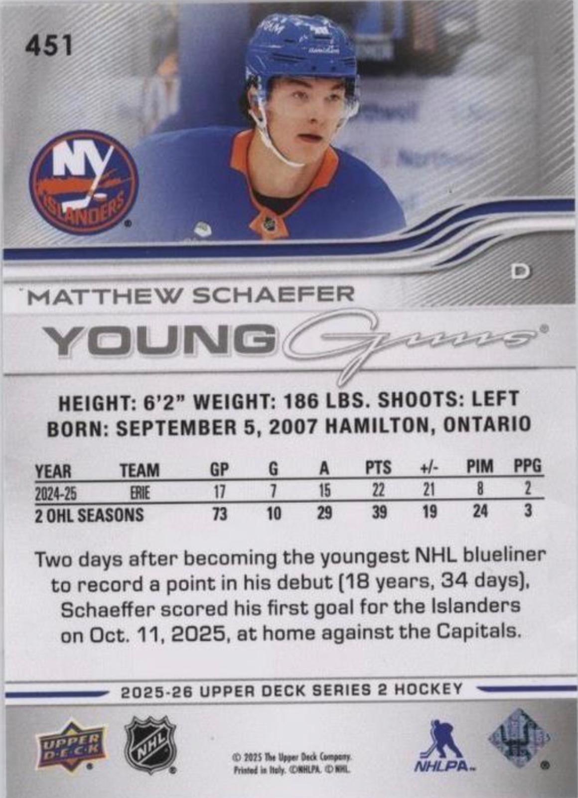 Matthew Schaefer #451 Prices [Rookie] | 2025 Upper Deck Series 2 ...
