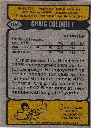Craig Colquitt #104 Prices [Rookie] | 1979 Topps | Football Cards