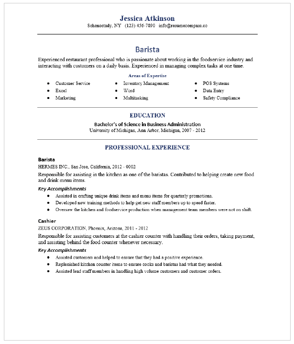 Barista Resume Sample Resumecompass