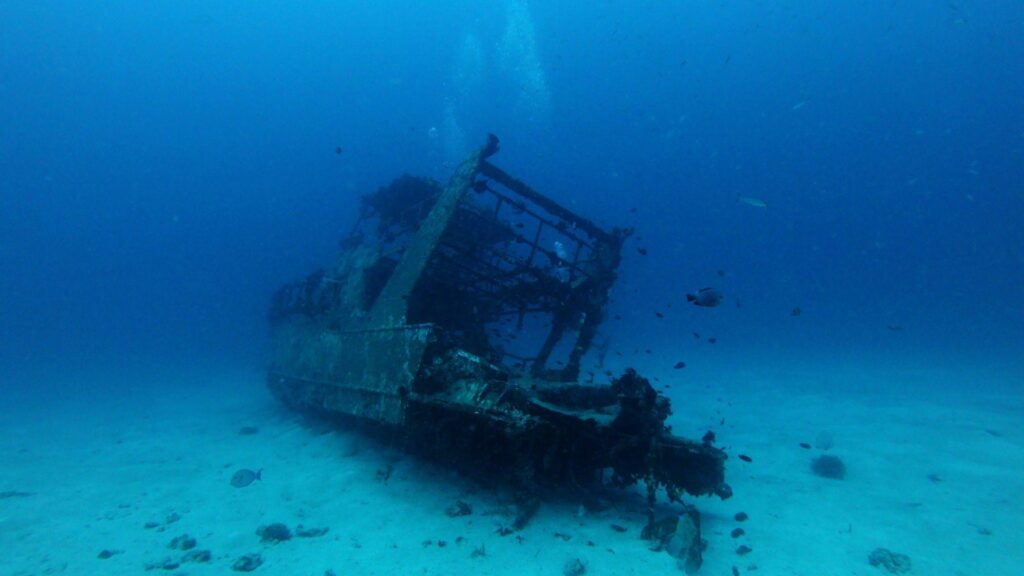 An underwater photograph showing the remains of a sunken shipwreck resting on a sandy ocean floor. The skeletal structure of the ship's hull is encrusted with marine growth, and small fish swim around it in the clear blue water