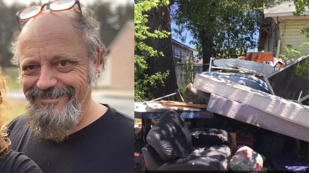 On the left, a smiling man with a greying beard and glasses is in focus. On the right, an image shows a pile of discarded items including a mattress, a leather sofa, and various other household debris