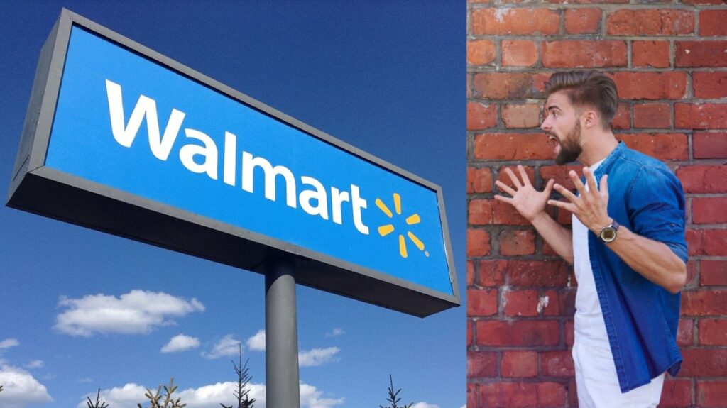 A large Walmart sign is pictured in front of an American flag during a sunny day/A photograph that portrays two people arguing on the street