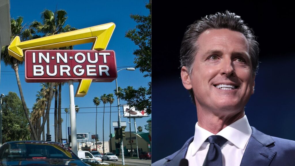 On the left side of the image is the iconic red and yellow sign of In-N-Out Burger with palm trees in the background, under a clear blue sky. On the right side is an image of Governor Gavin Newsom, smiling and looking upwards, against a dark blue background