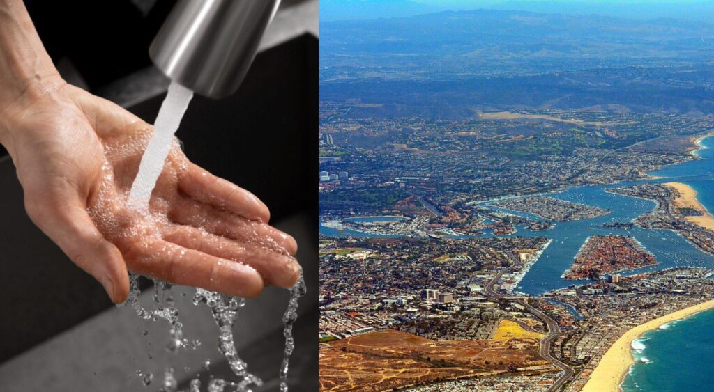 An image of a person with their hand placed under a running faucet/An image of Orange County from above during a clear afternoon