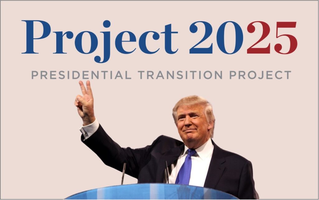 The Project 2025 logo above a photo of Donald Trump making the victory sign on a podium