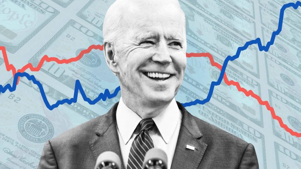 A black and white photograph of President Joe Biden in front of U.S. dollars and graph lines depicting the economy