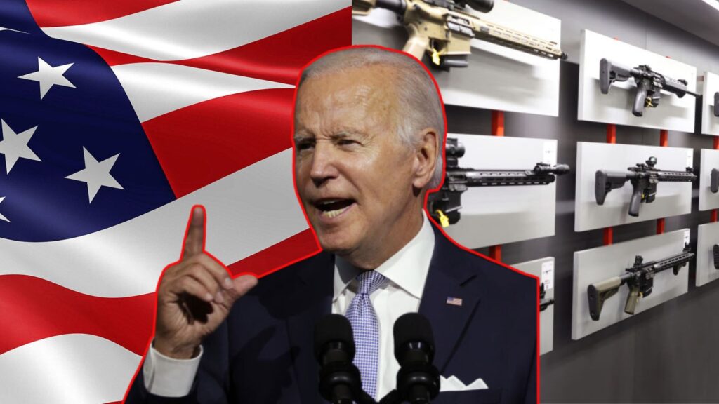 President Joe Biden, depicted with a serious expression, speaks at a podium, pointing his finger upwards. He is superimposed over a graphic combining an American flag and a wall display of various rifles