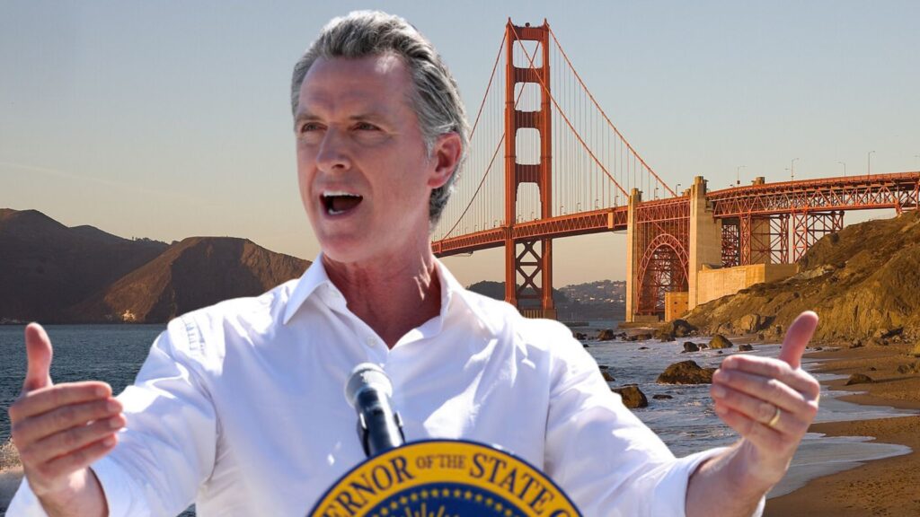 Governor Gavin Newsom gesturing positively with one thumb up, standing in front of an image combining San Francisco's Golden Gate Bridge and a coastal scene