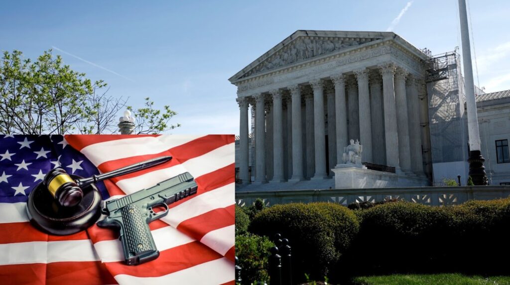 The outside of the Supreme Court with white pillars and statues at the front of the building. Next to it is an image of the U.S. flag with a black and gold gavel and a black handgun on top.