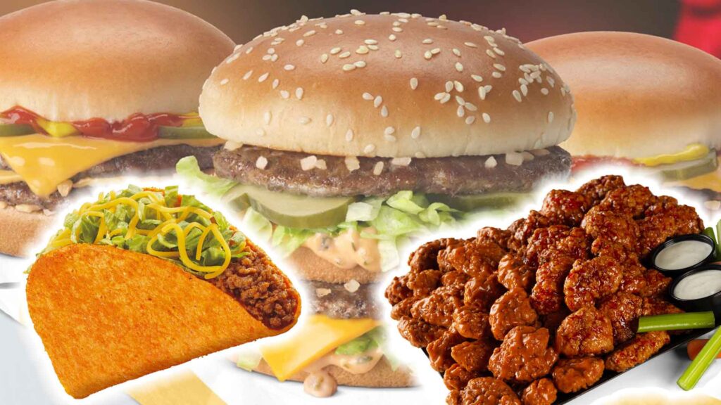 McDonald's sandwiches with Taco Bell taco and Buffalo Wild Wings boneless wings overlaid