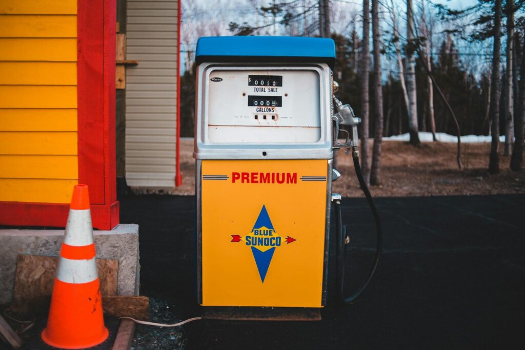 White and yellow premium gas pump station