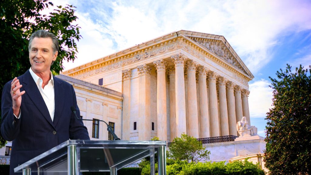 The outside of the Supreme Court with Gavin Newsom standing next to it at a podium with a mic.