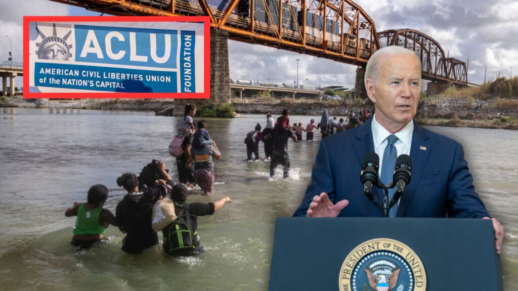 A composite image showing a banner of the ACLU alongside a scene of migrants wading through a river below a bridge, with President Biden speaking at a podium