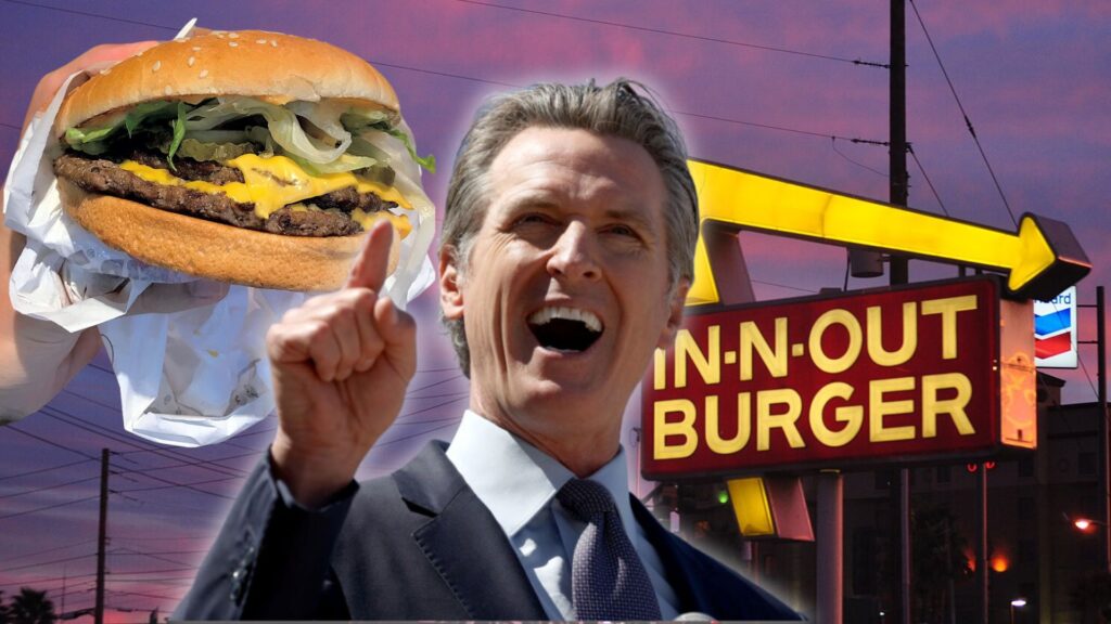 Image shows California Governor Gavin Newsom gesturing positively with an In-N-Out Burger sign in the background and a burger overlaid on a sunset scene