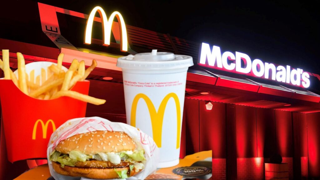 A vibrant night view of a McDonald's restaurant featuring a brightly lit logo and red accents under a dark sky