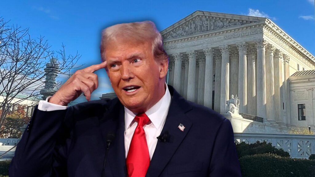 Donald Trump pointing to his temple with the U.S. Supreme Court building in the background