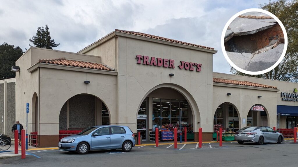 Cars outside a Trader Joe’s in California; a close-up of a sinkhole.