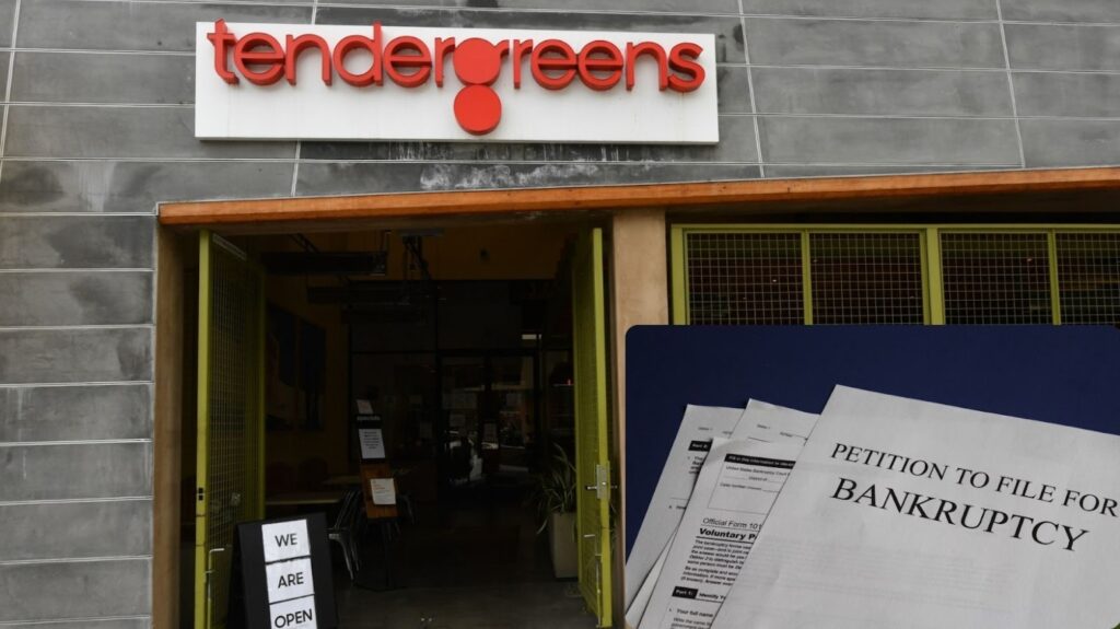 The outside of a Tender Greens restaurant with an image in the bottom right-hand corner of some papers that say, “Petition to file for bankruptcy” on top.