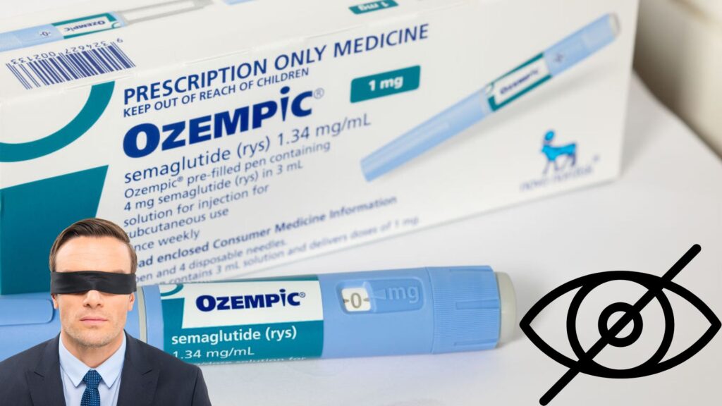 Ozempic box with injection on a white table, a blindfolded man and eye with a slash through it superimposed on top.