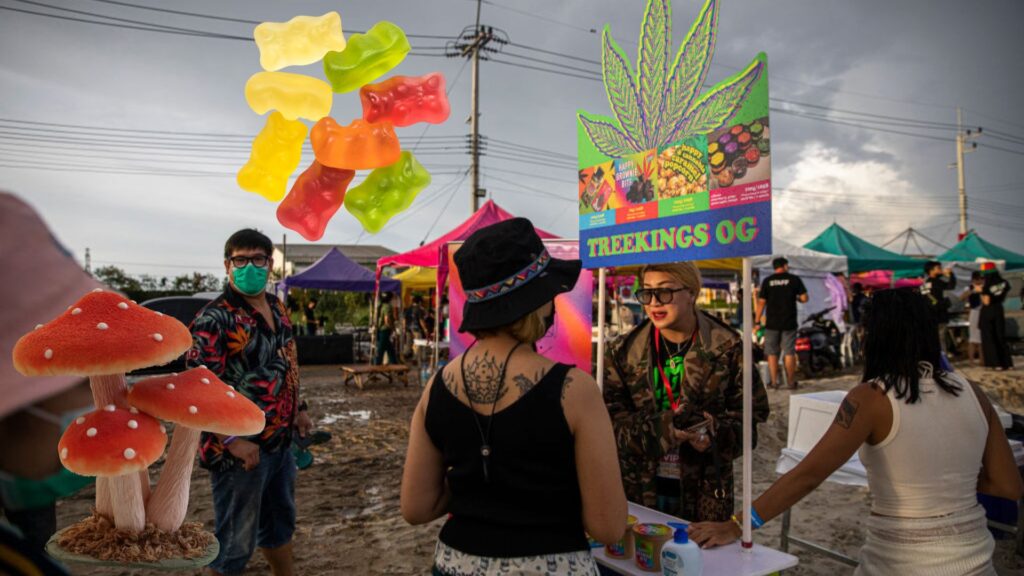 Weed product vendor at a festival with a mushroom and gummy bears imposed on top