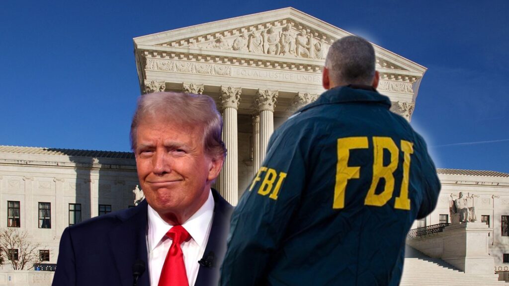 Image of former President Donald Trump smiling, standing in front of the U.S. Supreme Court building, with an FBI agent facing away in the foreground