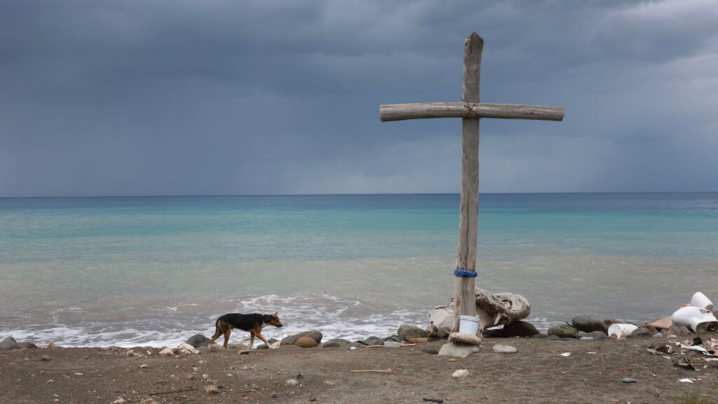 A dog walks along a beach near a wooden cross as Hurricane Beryl approaches.