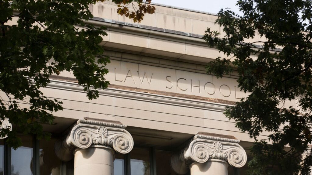 A close-up view of a Harvard Law School building.