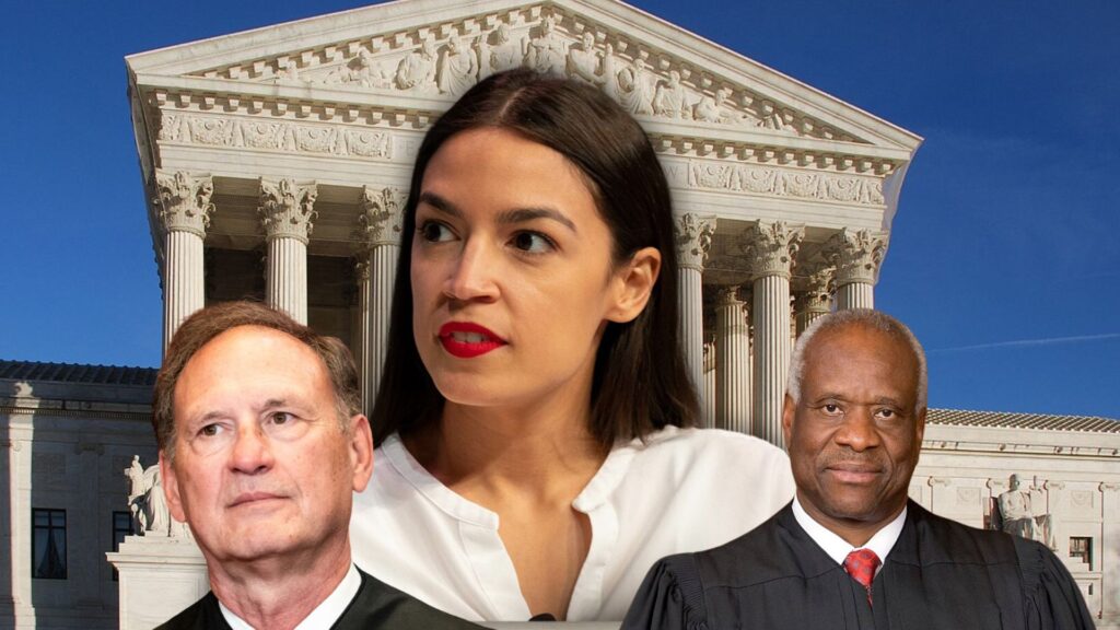 Composite image featuring the Supreme Court building with Justices Clarence Thomas, Samuel Alito, and Representative Alexandria Ocasio-Cortez standing in front