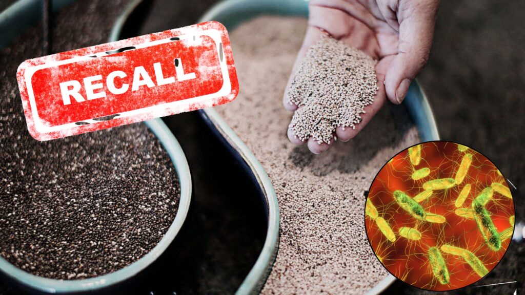 Hand holding chia seeds with a recall stamp and germs imposed on top