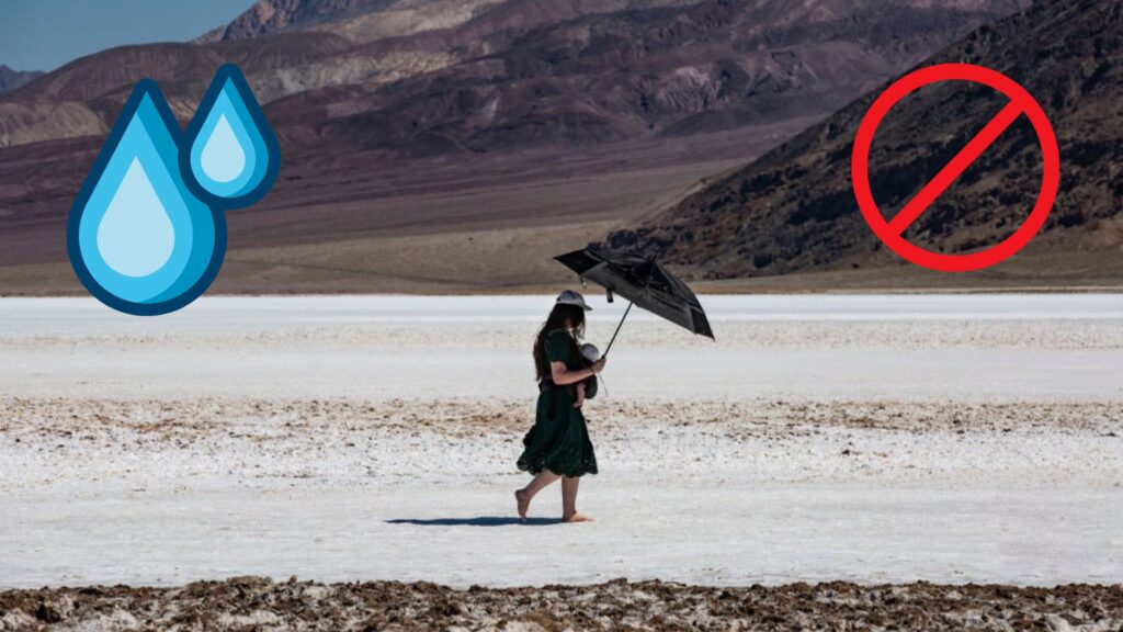 Woman with an umbrella walking in a dried up lake, there is a water droplet and ban sign imposed on top of the image