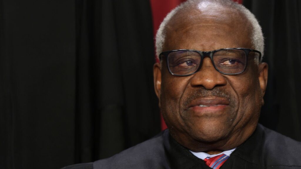 A close-up of Supreme Court Justice Clarence Thomas.