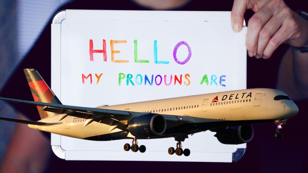 A Delta Airlines airplane in mid-flight with a superimposed image of a hand holding a sign saying "HELLO MY PRONOUNS ARE" in colorful letters