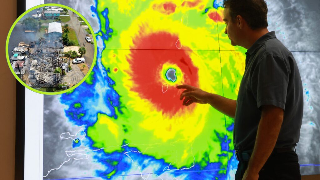 A man looking at an interactive map of a hurricane over Florida. The colors are red, yellow, green and blue. Red it where the worse affected areas are, and blue is the least affected. In the top left-hand corner is a circle with an example of the devastation a hurricane can cause.