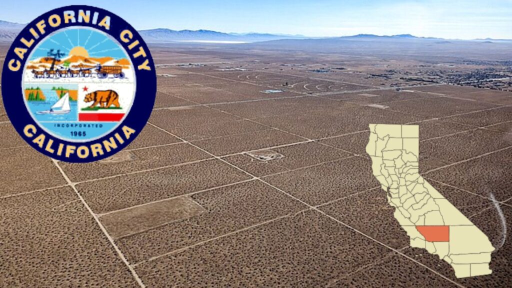 An aerial view of California city, which is empty. In the top left-hand corner is the California City logo. In the bottom right-hand corner is a map of California. One square is in red, which is where California city is.