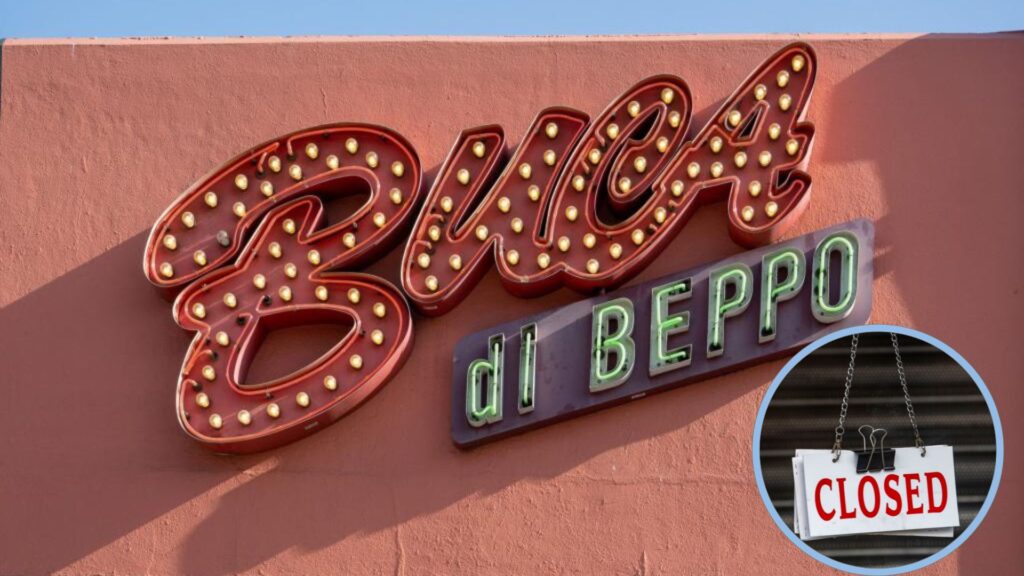 The outside of a Buca di Beppo restaurant. The logo is against a red wall. In the bottom right-hand corner is a circle with a 'closed' sign inside.