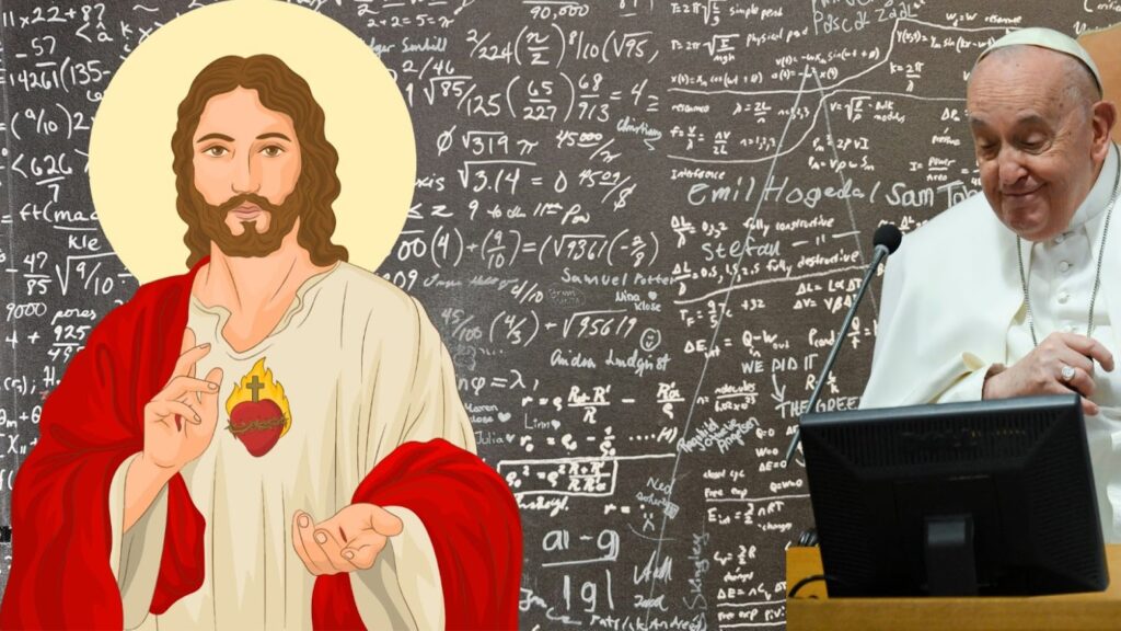 A chalk blackboard covered in equations in the background. In the foreground, an image of the pope smiling looking at a screen and a sketch of Jesus.