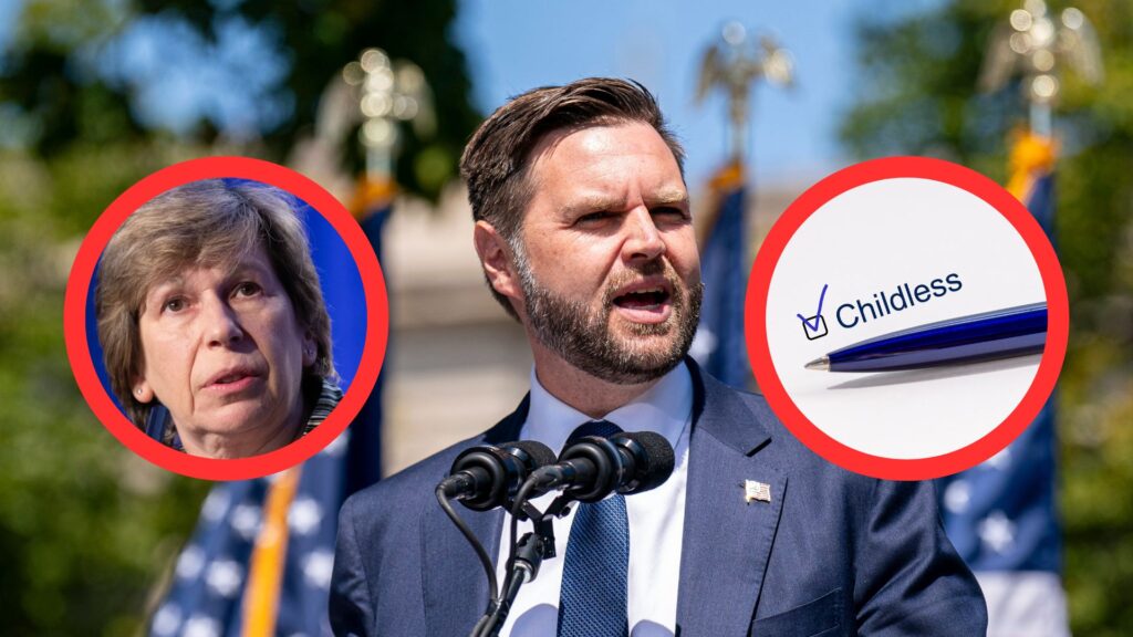 Republican vice presidential candidate, U.S. Sen. J.D. Vance (R-OH) addresses the audience at a campaign rally on August 20, 2024 in Kenosha, Wisconsin, he speaks into a mic outdoors with a blurred background, Randi Weingarten and a tick box for Childless with a pen is imposed on top.