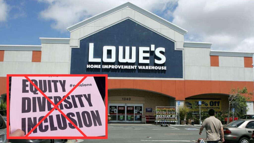 A photo of a Lowe's Home Improvement Warehouse with a large "DEI Canceled" sign superimposed on the front