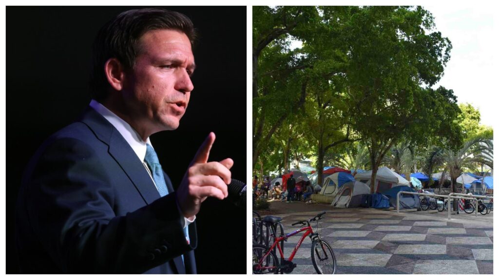 Governor Ron DeSantis looks out at a homeless camp in Fort Lauderdale with disapproval.