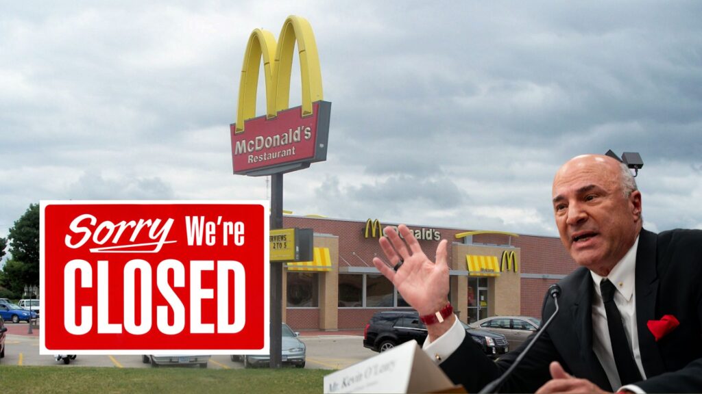 An American McDonald's in Mount Pleasant, Iowa, in June 2008; this is an example of the "new" look of American McDonald's restaurants, there are cars parked in front of the building with a sign in front. Kevin O’Leary with his arm stretched out and a sorry we’re closed sign is imposed on top.