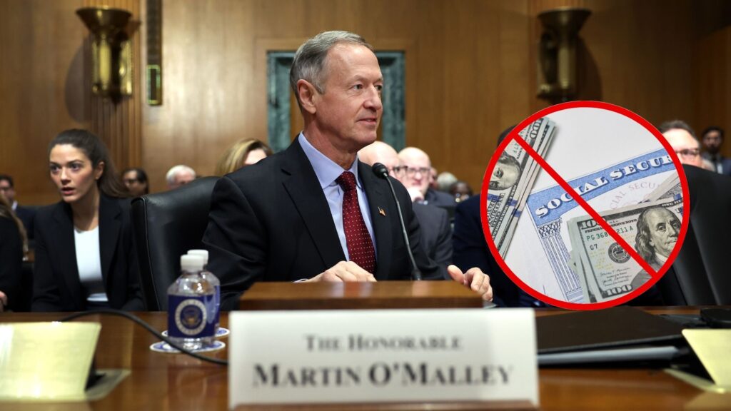 Former Gov. Martin O'Malley (D-MD), President Biden's nominee to be the next Commissioner of Social Security, arrives to his confirmation hearing before the Senate Finance Committee at the Dirksen Senate Office Building. There is a social security card and money with a ban on it imposed on top.