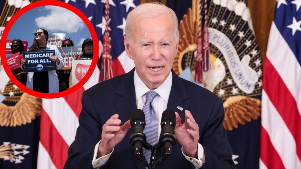 Joe Biden delivering a speech with a picture of a Medicare protest in the corner.