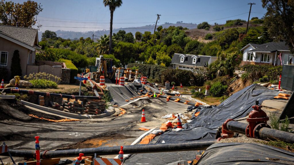 Landslide damage seen in a neighborhood in Rancho Palos Verdes, California.