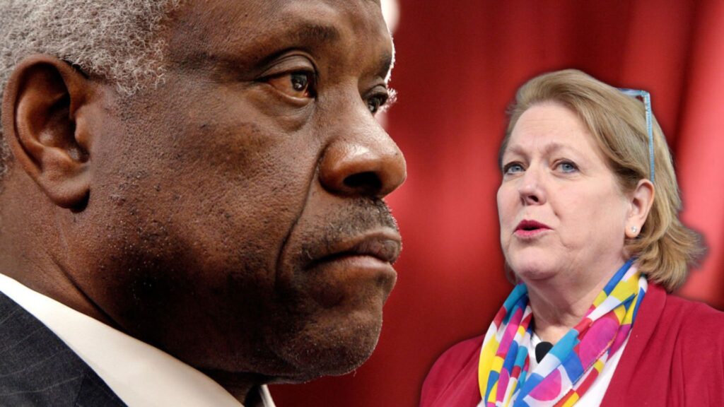 Close-up of Justice Clarence Thomas with Ginni Thomas in the background, both looking serious