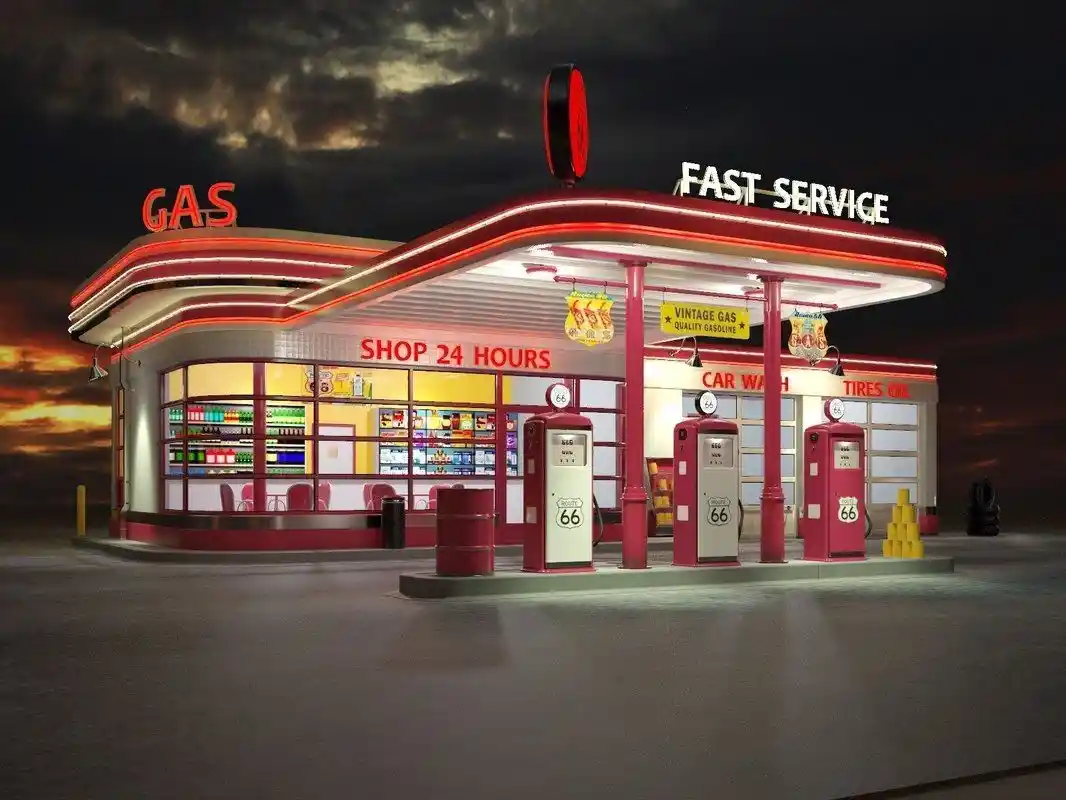 Old Retro Gas Station at Night
