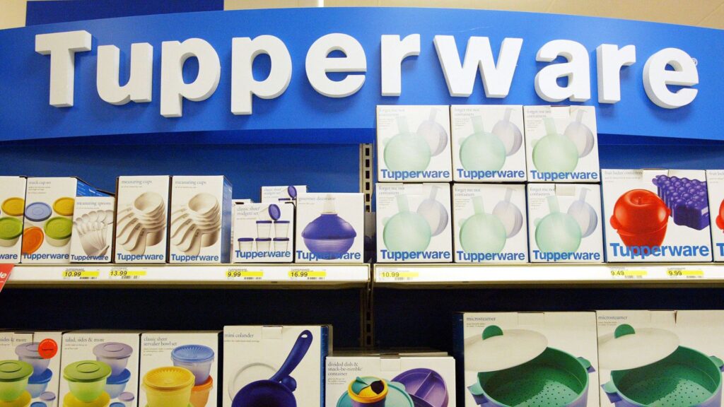 A view of many Tupperware items on a store’s shelves.