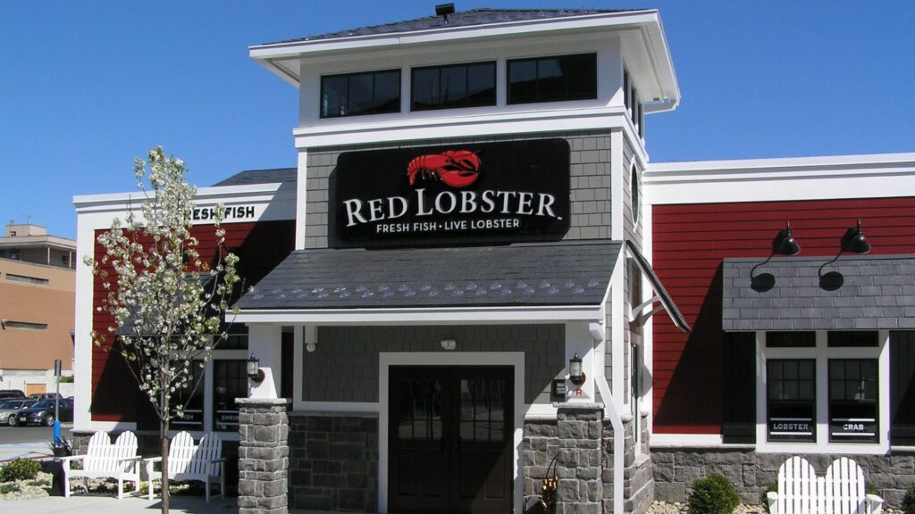 An exterior view of a Red Lobster restaurant seen in the daytime.